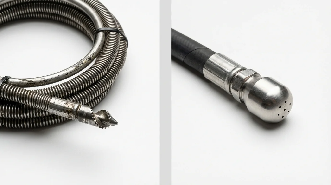 Drain snake cable and hydro jetting nozzle used for drain cleaning in Quincy, FL