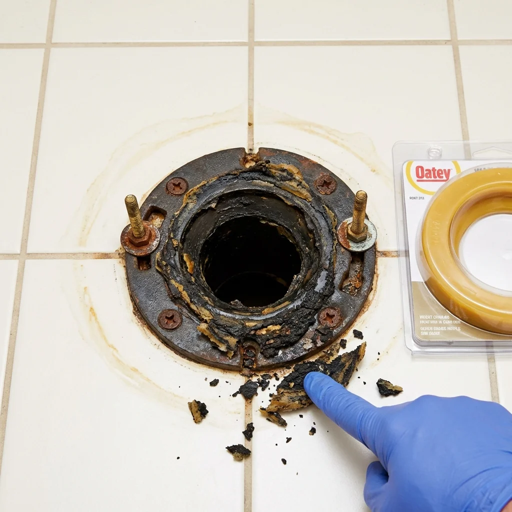 Failed wax ring showing water seepage at the base of a toilet in a Quincy, FL home