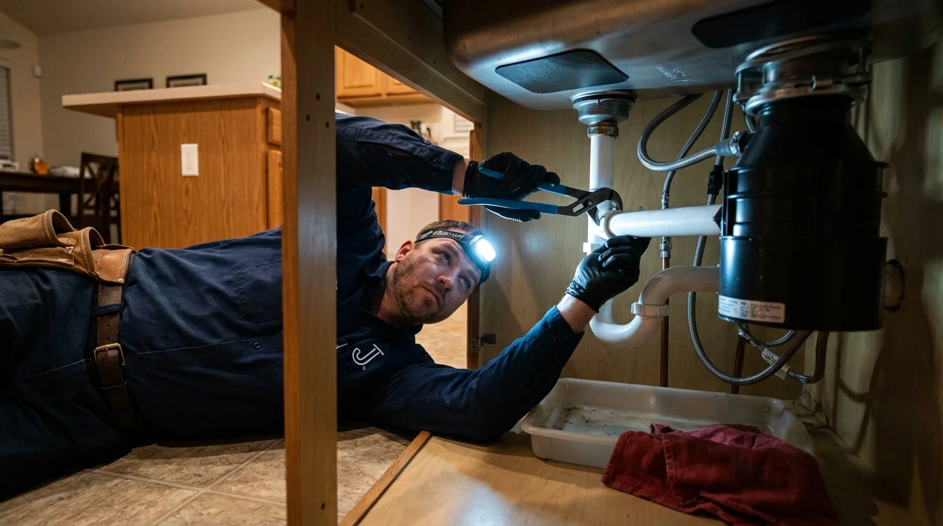 P-trap and supply line connections under a kitchen sink showing a common leak point in Quincy, FL